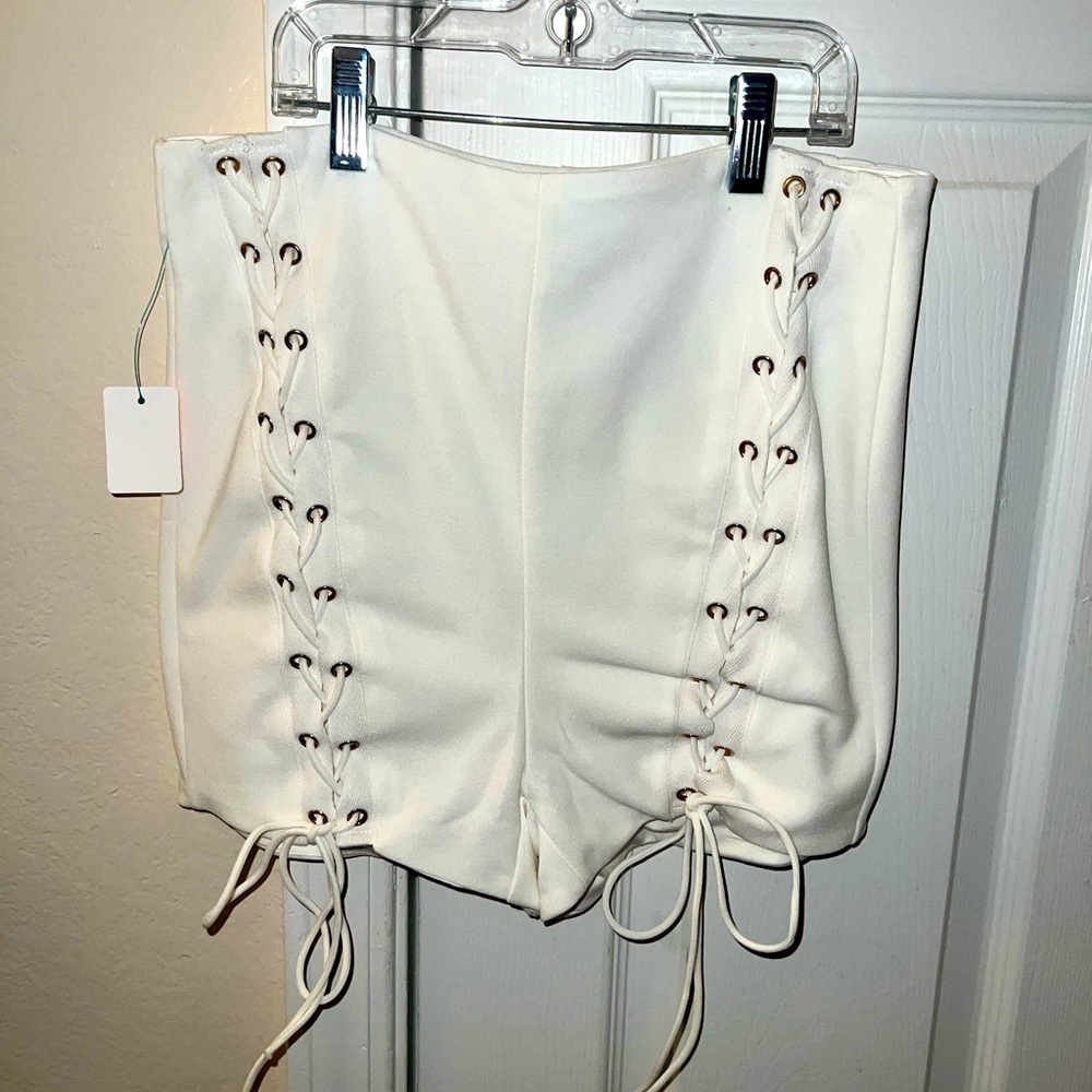White Lace Tie High Waisted Short